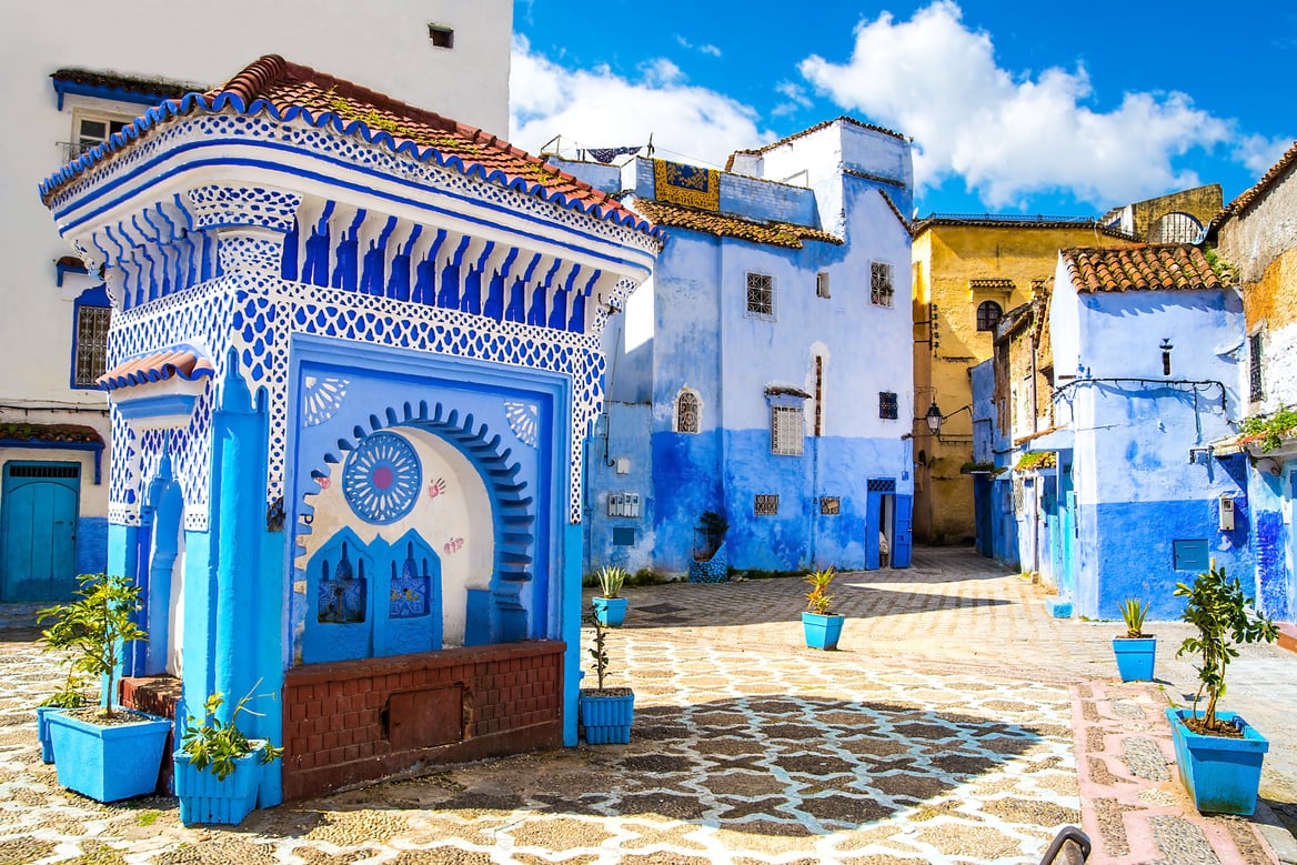 Beautiful view of the square in the blue city of Chefchaouen. Location: Chefchaouen, Morocco, Africa. Artistic picture. Beauty world